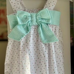 James & Lottie White Dress with Green Bow